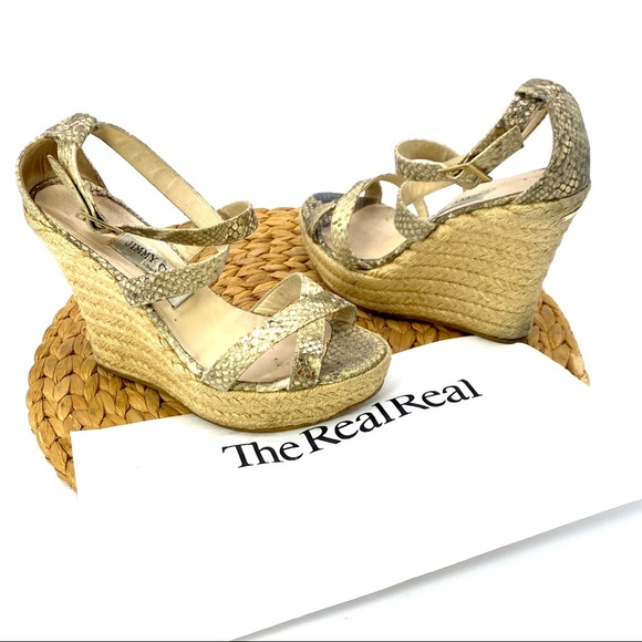 JIMMY CHOO GOLD SNAKE PRINT BUCKLE HIGH WEDGE ESPADRILLE CRISS CROSS HEELS SZ 8 - Picture 1 of 7